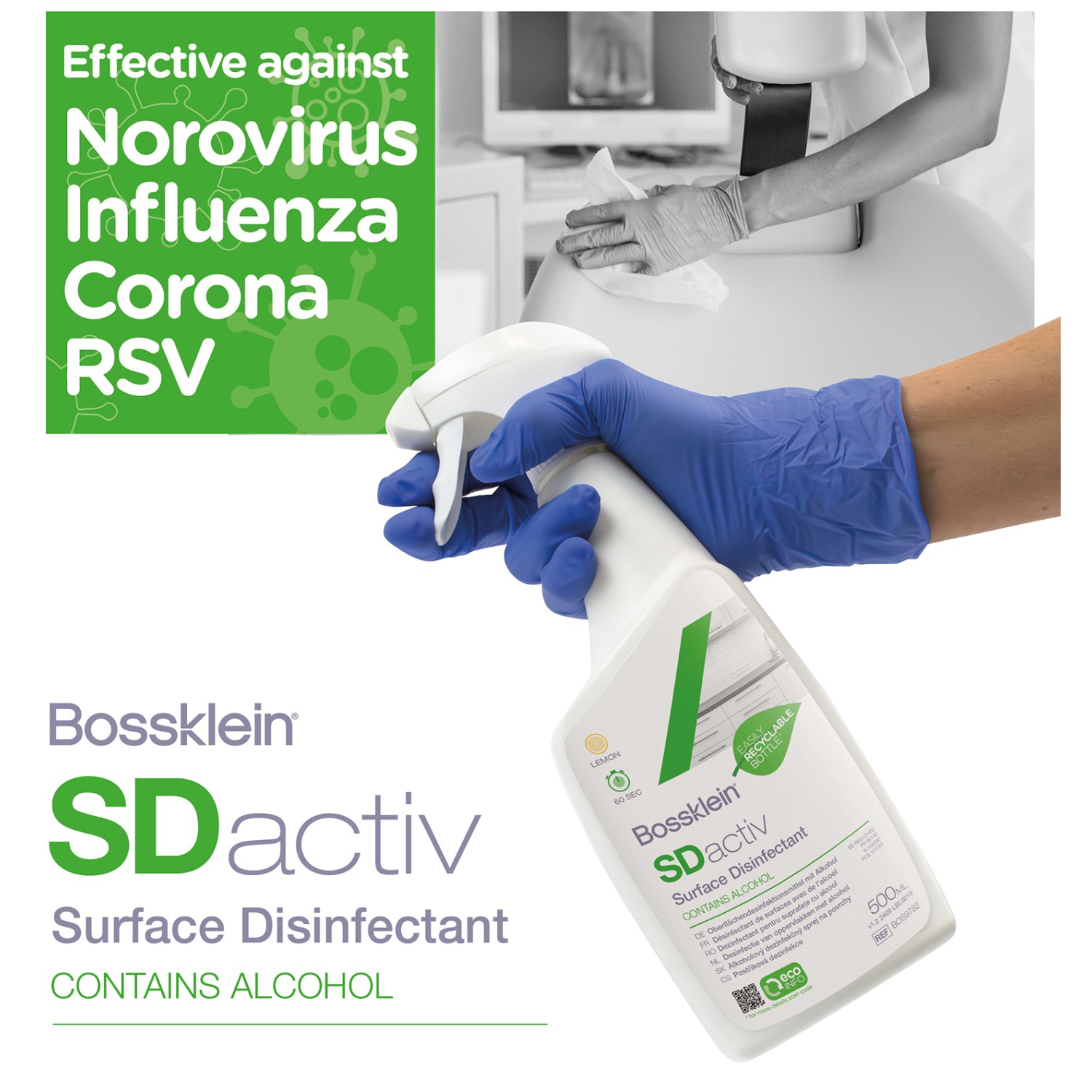 Bossklein SD active с Alcohol  - 1 литър готов разтвор за повърхности аромат на лимон