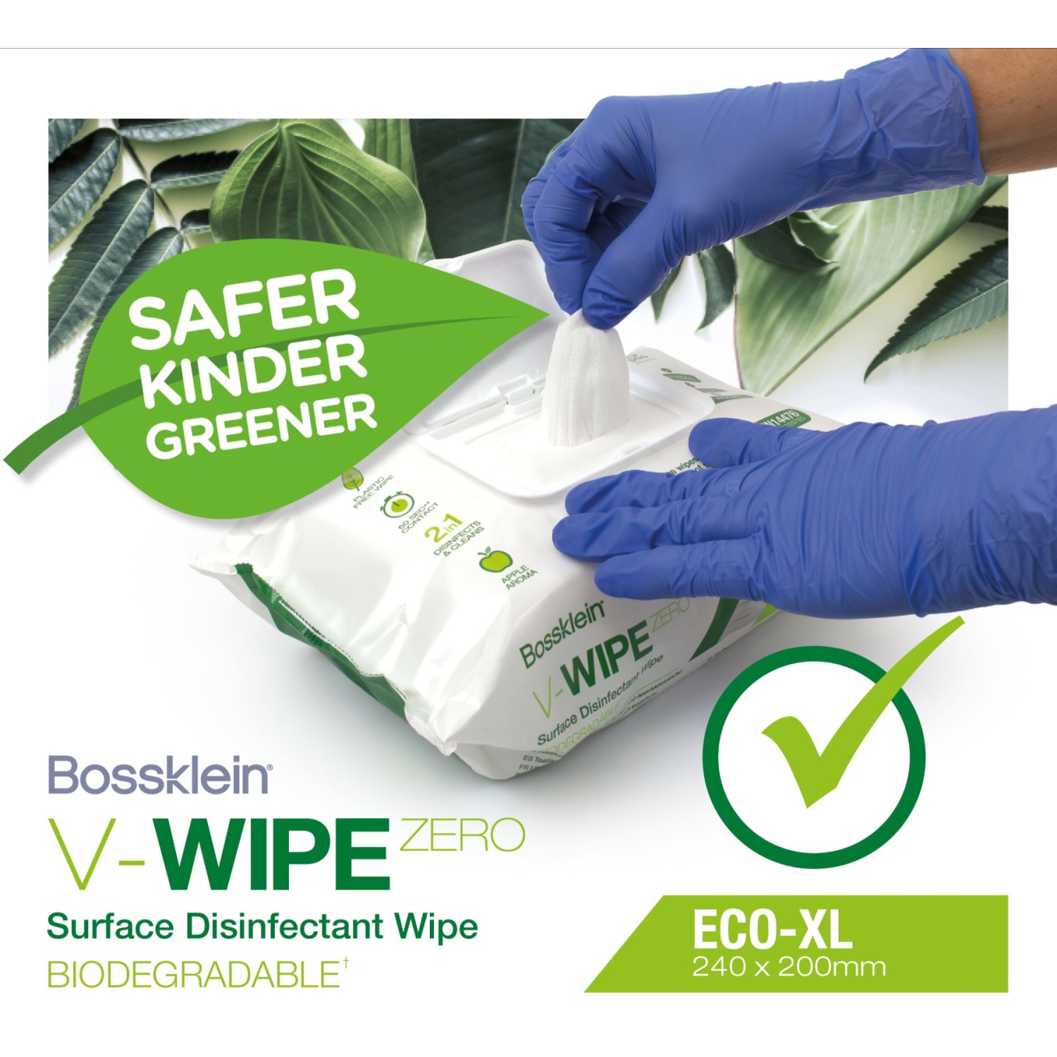 Bossklein  V-WIPE Zero ECO-XL wipes - биоразградими кърпички за най-високо ниво на дезинфекция 100 бр
