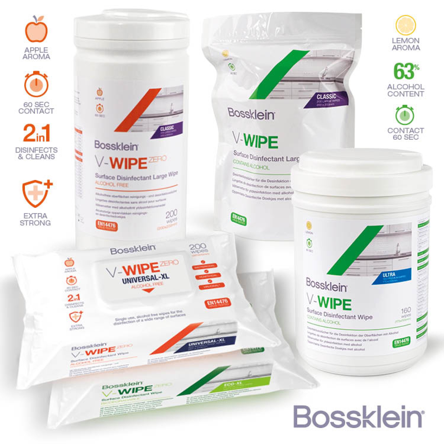 Bossklein V-Wipes  - кърпички за повърхности без алкохол  кутия  х 200 бр размер 200х200 мм